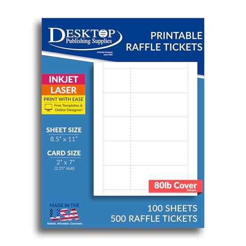 White Printable Raffle Ticket Paper 2" x 7" 80lb Cover (216gsm) 500 Tickets