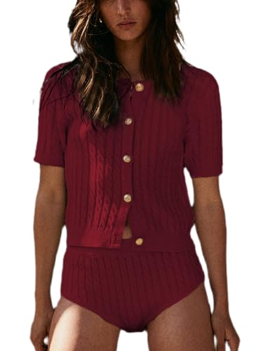 Women Cable Knit Cardigan Sweaters Short Sleeve...