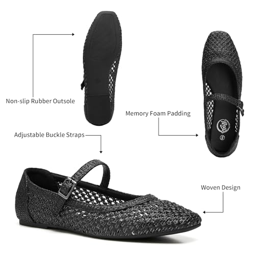 Image of Trary Mary Jane Shoes Women Woven Flats for Women Dressy Ballet Flats Squared Toe Mary Jane Flats Shoes