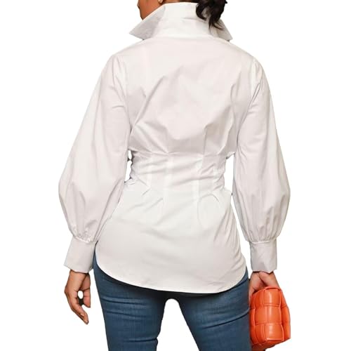 LROSEY Sexy Women’s Button Down Tunic Shirts Plus Size Long Puff Sleeve Peplum Tops Collared Blouses2