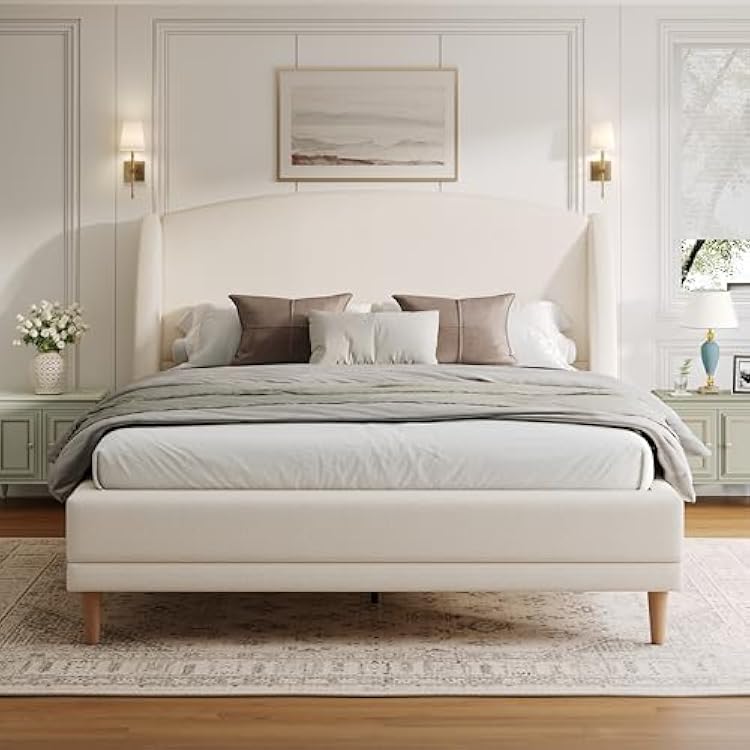 Merax Queen Size Upholstered Platform Bed, Boucle Fabric and Wingback Headboard, Rounded Corners, White