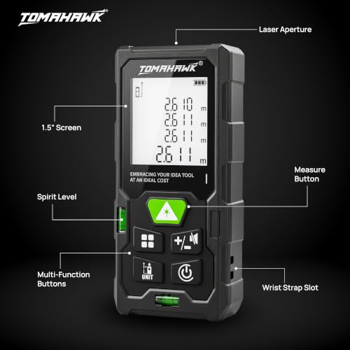 Image of TOMAHAWK TTM 0050 Laser Distance Meter Measurer 131Ft /50M with Area, Volume and Pythagoras Measurement - Water and Dust Resistant Laser Measuring Device with Backlit LCD, Battery Included