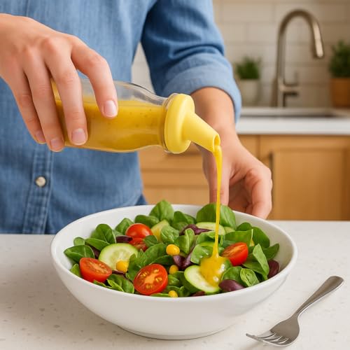 kitchentoolz Salad Dressing Shaker Bottle – 12oz Glass Bottle with Silicone Pour Spout and Tamper-Proof Lid for Sauces and Marinades