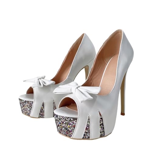 Frankie Hsu Sexy Stiletto Platform High Heeled Pumps, Classic White Colorful Glitter Fashion Shoes, Big Large Size Designer Bow Spike Ankle Sandal For Women US5-14
