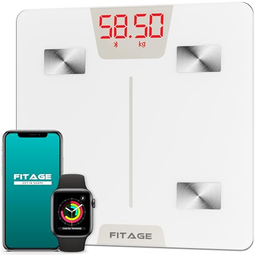 FITAGE Bascula Grasa Corporal y Muscular, Bascula de Baño Digital con app, Bascula Inteligente con 17 Medidas Corporales, Balanza Peso Corporal de alta precisión hasta 180 kg 28 x 28 cm - Blanco