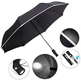 Auto One Handed Operation Windproof Travel Umbrella With Rotary Flashlight and Reflective stripe
