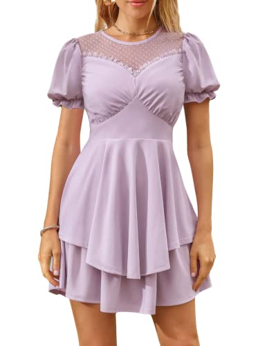 Kate Kasin Women Slim Layered Ruffle Mini Dress Short Sleeve Pleated A Line Short Dress Purple Xl #TOP23