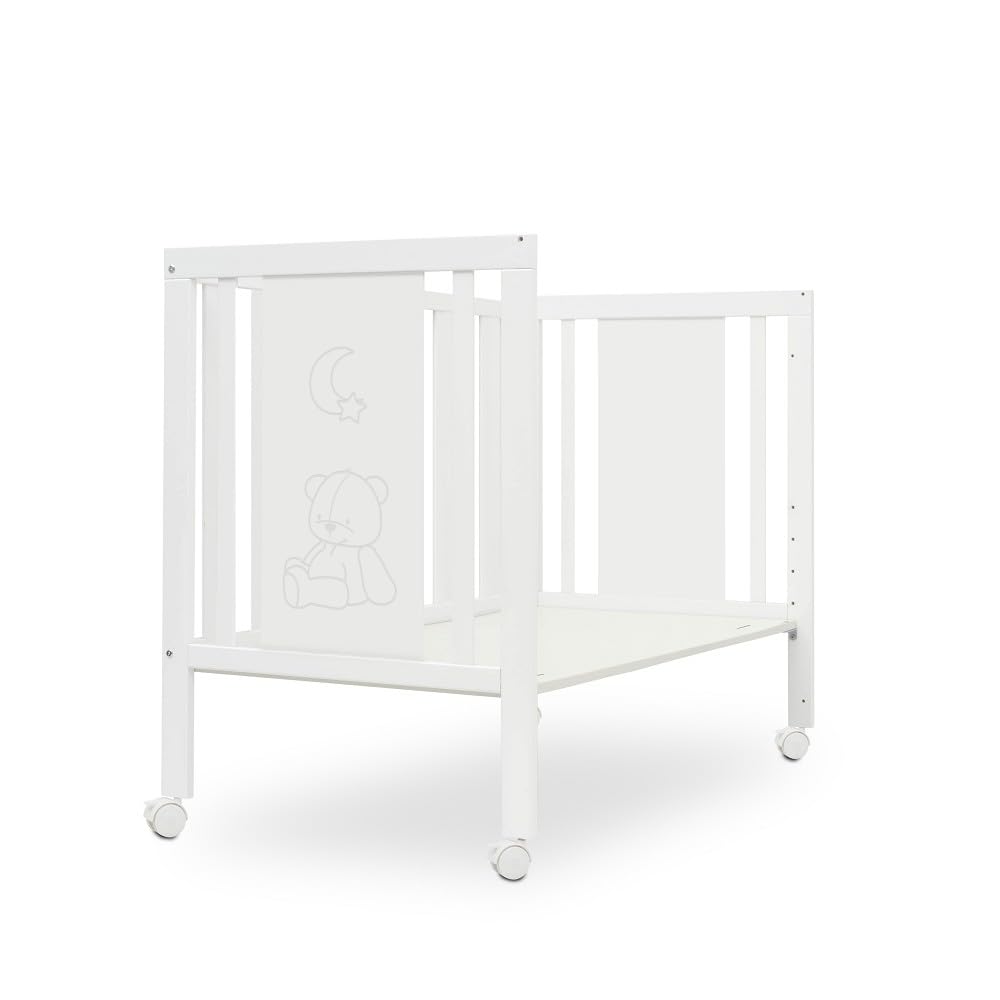 Interbaby Cuna Bebé Colecho Convertible 124x63 cm | Cuna Evolutiva de Madera con Lateral Abatible, Altura Regulable y Ruedas con Freno | Cuna Convertible en Escritorio y Sofá | Blanca Bear Basic
