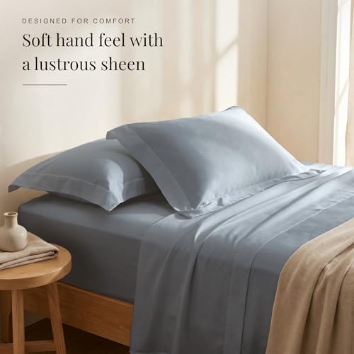 Image of HUESLAND Premium 300 TC Pure Cotton Sateen Weave Queen Bed Bedsheet with 2 Pillow Covers Included | Greyish Blue | 88 x 100 inches