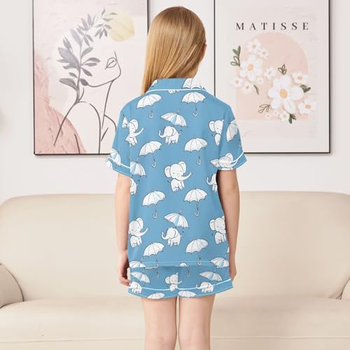 Elephant with Umbrella Summer Satin Pajama Set, Cute Button-Down Sleepwear Pj Set for Sleep Wears4