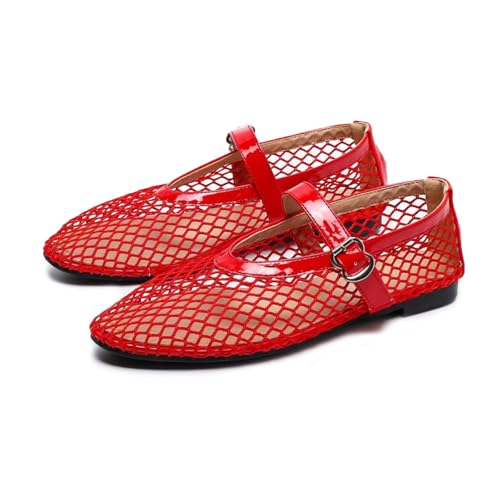 Mesh Ballet Flats for Women Buckle Strap Round Toe Mesh Fishnet Flats Comfy Casual Office Ballerina Daily Dress Shoes