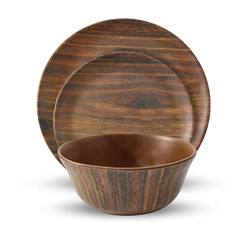 Tp 12-Piece Dinnerware Set, Melamine Dishes Set With Bowls And Plates, Non-Breakable Lightweight Dinner Service For 4, Wood Grain #TOP5