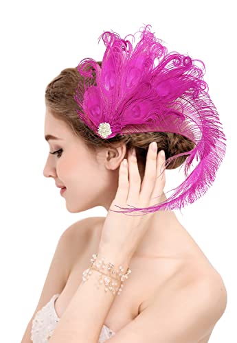 Z&X Peacock Feather Fascinator Hair Clip Headband 1920s Costume Flapper Headpiece (015a- Rose Red)