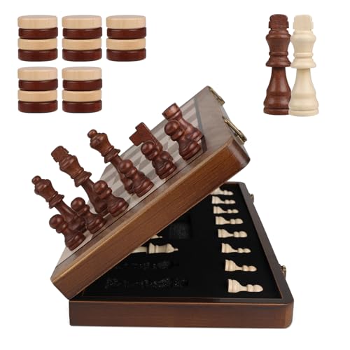 Magnetic 2-in-1 Chess & Checkers Set, 15'' Wooden Folding Travel Board
