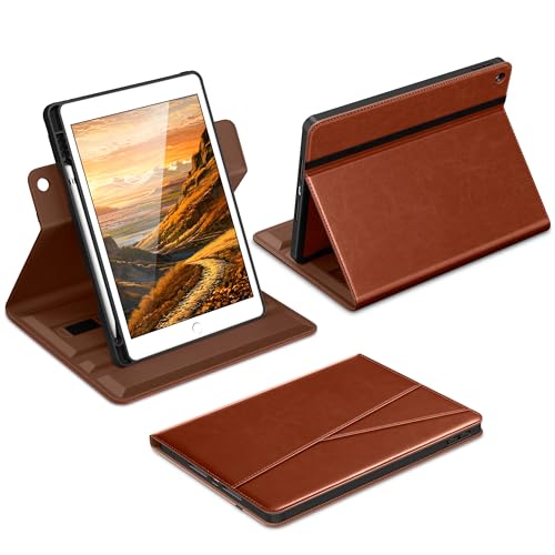DTTO for iPad 9th / 8th / 7th Generation Case 10.2 Inch (2021/2020/2019), 360 Degree Rotating Premium Leather Folio Stand Cover with Pencil Holder, Brown