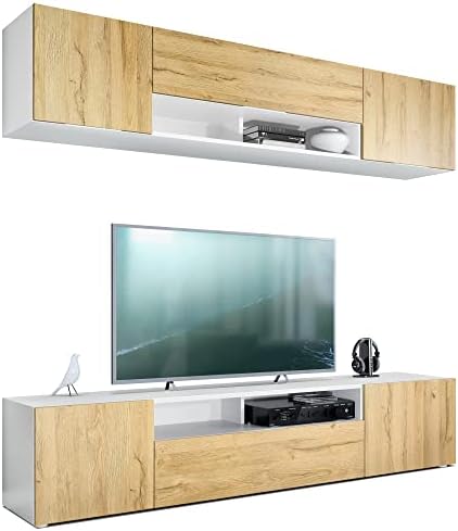 Vladon Wall Unit TV Stand Mogan, Carcass in White matt/Fronts in White High Gloss