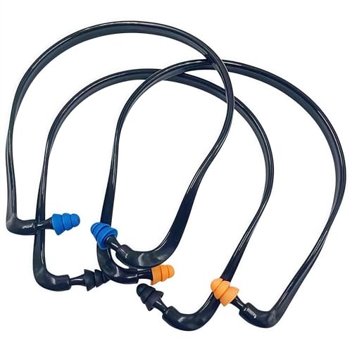 Banded Earplugs for Shooting 29dB NRR - Noise Cancelling Reusable Silicone Ear Plugs for Sleeping, Concerts, Work & Sports - Lightweight 3-Pack (Orange/Blue/Black) with Neckband & Triple Flange Design
