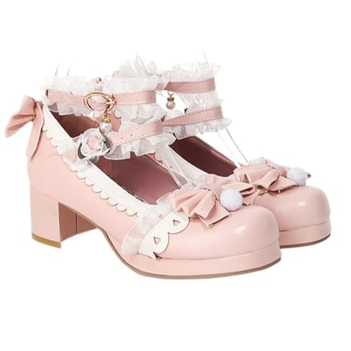 link-all Kawaii Sweet Lolita Shoes Soft PU Leather Round Toe Mary Jane Pumps Bows Chunky Block Heel for Anime Cosplay Tea Party Comfortable Walking Heart Buckle Strap (Pink,7.5)