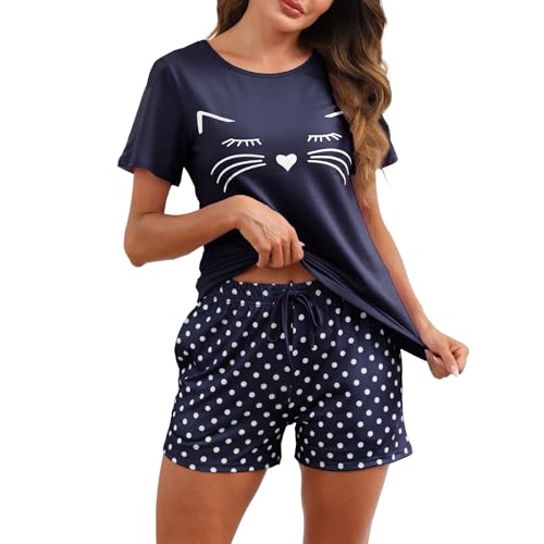 Pyjama femme été court coton anti-transpiration avec t-shirt manches courtes chat et short souple