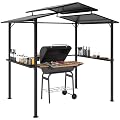 Outsunny 8' x 5' Hardtop Grill Gazebo, Outdoor BBQ Gazebo with Double Metal Roof, 2 Side Shelves and 4 Cup Holders, Grill Canopy for Patio Backyard Lawn Deck