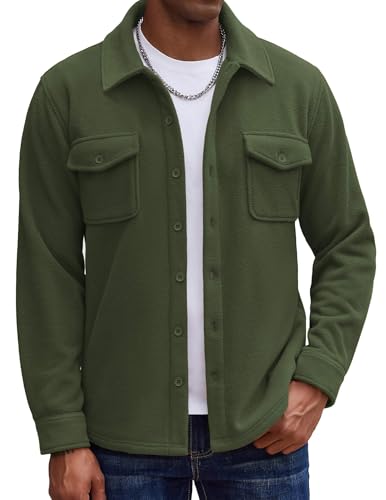 COOFANDY Mens Shirt Jacket Long Sleeve Polar Fleece Shacket Casual Button Down Shirts with Pockets Army Green