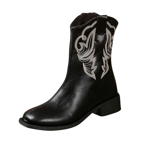 Bottes mi-mollet brodées à talon épais et col V pour un maintien hivernal élégant