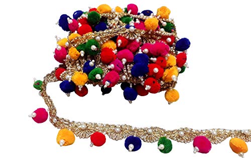 Indian Multi Pom Pom with Beaded Work Fringe Border by 9 Yard -Glass Beads, Stone Work Bollywood Sari,Wedding Saree Border Embroidered Ribbons Indian Trim Embellishments