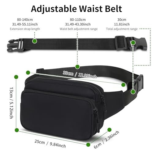 Bauchtasche Gürteltasche Hüfttasche mit Einem 30 cm Verlängerten Gürtel Unisex Modern Umhängetaschen Handytasche für Outdoor Reise Wandern Hundetraining Damen und Herren Schwarz