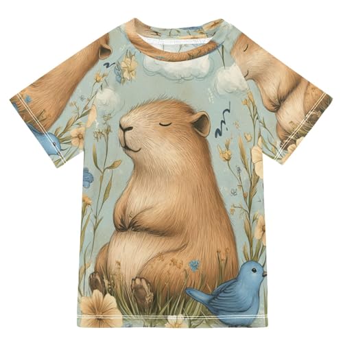 Boys Short Sleeve T-Shirts Capybara Bird Daisy Rashguard Kids Swim Shirts Sun UPF 50+