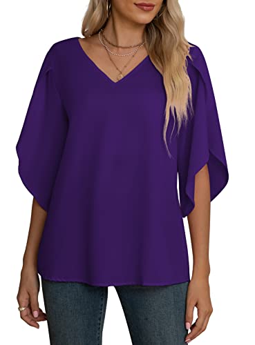 Jouica Women's Summer 3/4 Sleeve Blouse Tribal Women Shirts Women's Work Dress Shirts,Purple,X-Large #TOP3