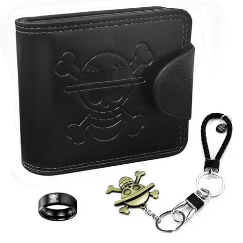 LbsAMP Anime Wallet Leather Coin Purse Wallet with Keychain and Skull Ring Cosplay Fashion Credit Card Holder Gift Foldable Wallet Anime Pattern Purse Cartoon for Anime Fan Teen Boys Men - Black