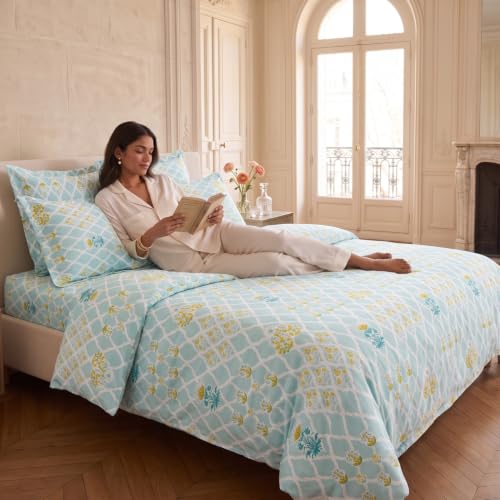 Image of Haus & Kinder Double Bed Bedsheet for Queen Size Bed, Queen Size Bed Sheet with 2 Pillow Covers 90 Inch x 100 Inch | Premium Soft & Silky Pure Cotton 186 TC Double Bedsheet | Heritage Blue