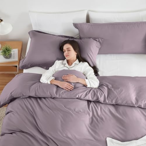 Image of Hearth & Harbor King 3Pc Microfiber Duvet Cover Set, Dusty Purple, Soft Brushed, Button Closure, 104x90 inches, 2 Shams | Soft Double Brushed Bedding Set, Button Closure, 1 Duvet Cover 104x90 Inches, 2 Pillow Shams