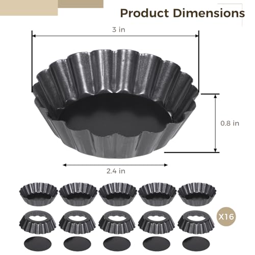 16 PCS Mini Removable Bottom Tart Pans, 3 in Nonstick Carbon Steel Fluted Cake Molds, Flower Shape Mini Pie Pans, Baking Cups for Tarts, Pudding, Brownies, Mini Quiche - Image 6