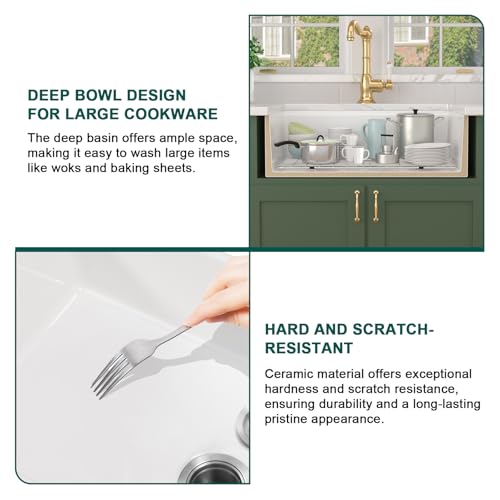 Talllor White Farmhouse Sink Farm Kitchen Sink Ledge Workstation White Ceramic Porcelain Fireclay Apron Front Farmer Sink Single Bowl Basin,20"x33"x10",TLAC-0003