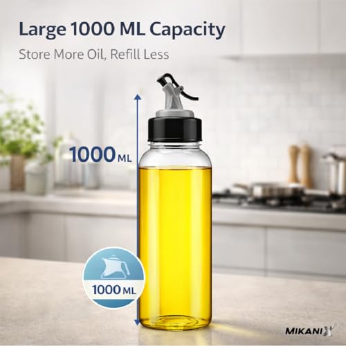 Image of MIKANIX 1000 ML Oil Dispenser Bottle with Pouring Nozzle, Leakproof Plastic Oil Container with Cap, Clear Kitchen Oil Bottle for Cooking, Restaurant & Home Use