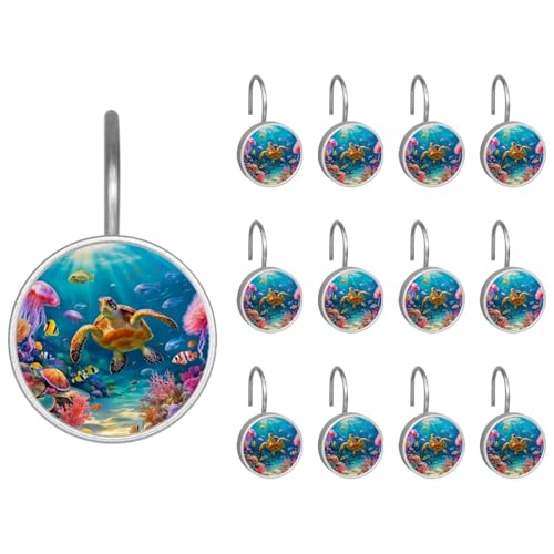 12 Packs Decorative Shower Curtain Hooks, Turtle Rust Proof Round
