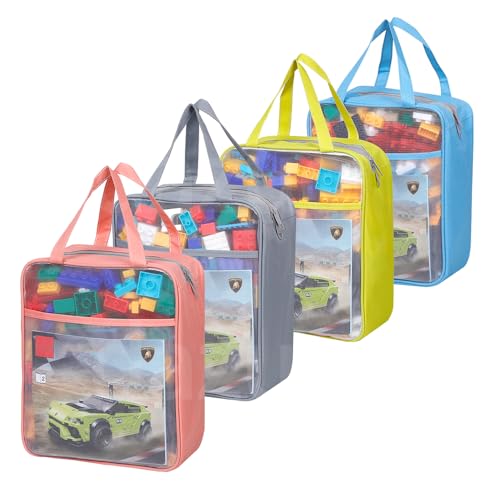 4 Pack Extra Large Mesh Toy Zipper Storage Bags(11.8 * 9.8 * 5.2in),Magnetic Tiles Block Sets Plush Toy Storage Organizer with Pockets, Travel Breathable See Through Colored Pouch with Handle