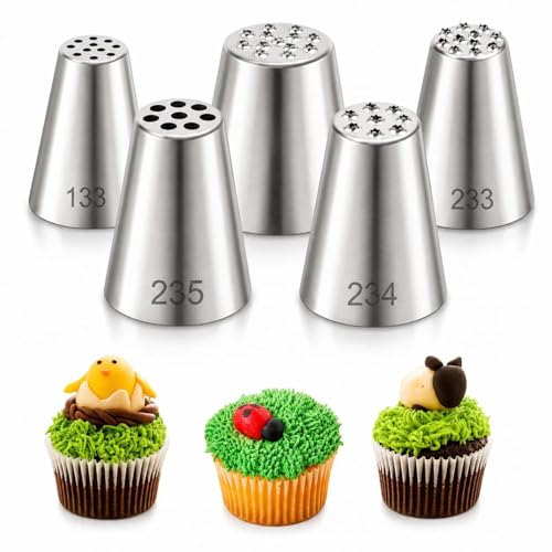 Llmsix 5Pcs Grass Piping Tip, Stainless Steel Grass Icing Tip, Cake Decorating Tips Piping Tips Set For Frosting Cupcakes Decoration Diy Baking Supplies