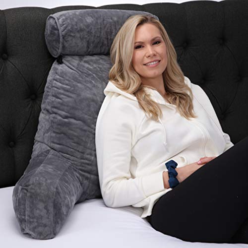 Husband Pillow - Dark Grey, Big Backrest Reading Bed Rest Pillow with Arms, Plush Memory Foam Fill, Remove Neck Roll Off Bungee, Change Covers, Zipper On Shell of Bed Chair for Adjustable Loft