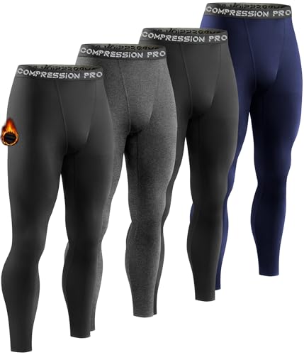 4 Pack Men Thermal Compression Pants,Fleece Lined Heated Leggings for Cold Weather Sports Athletic Winter Baselayer
