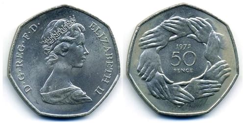 1973 RM 7-SIDED ENGLAND BRITAIN UK COIN! JOINED HANDS/YOUNG QUEEN ELIZABETH! UK JONS OLD EUROPEAN UNION! 50 Pence Seller VF-XF