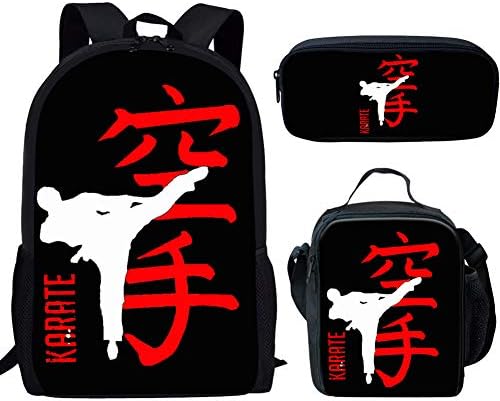 FUIBENG Karate Print Vintage Backpack Sets for College Girls Boys Durable School Bag/Lunch Bag/Zipper Pencil Pouch