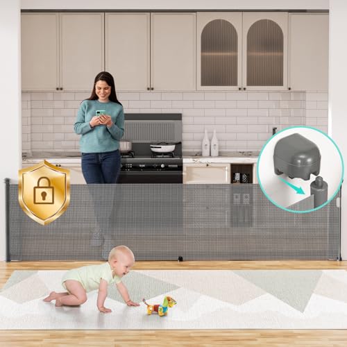 Image of Retractable Baby Gates Extra Wide 120in, One-Side Operation Extra Long Mesh Retractable Baby/Dog Gate for Large Openings with Auto-Lock, Reinforced Bottom Lock, Retractable Gate for Indoors &Outdoors