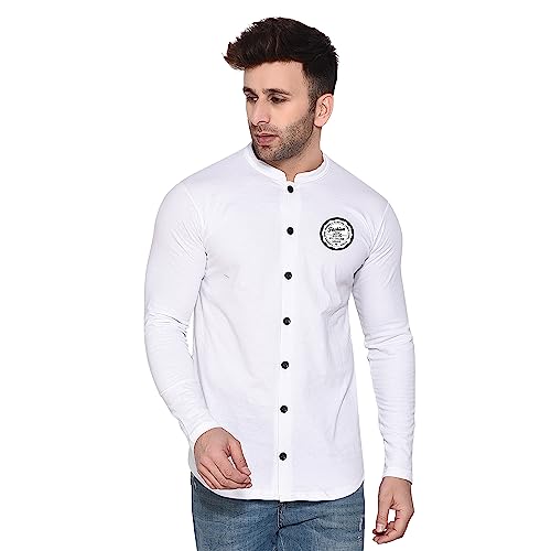 Image of Geum Men's Mandarin Collar Shirt | Slim Fit Full Sleeve Casual Shirt with Printed Chest Logo | Soft Cotton Blend Stylish Button Down for Party, Office