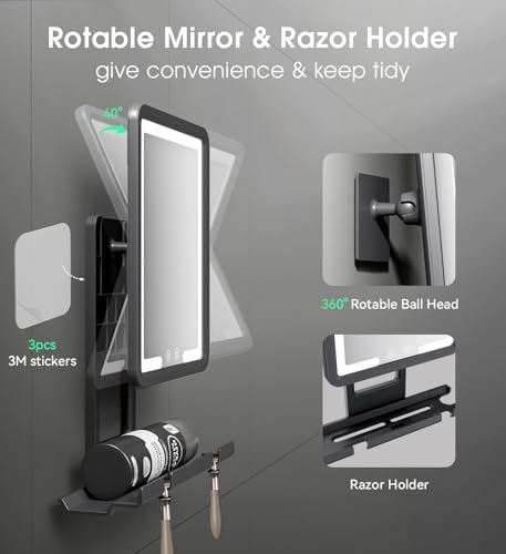 Shower Mirror Fogless for Shaving with Light - Electric Heated Shaving Mirror, No Water Needed, Rechargeable Anti Fog Bathroom Mirror, Dual Mount Installation, IPX4 Waterproof Gift for Men(Black) by ZHENYEMEI - Image 4