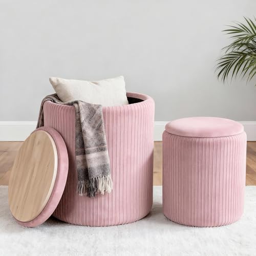 CAROLMADE Set of 2 Round Ottoman with Storage, Upholstered Vanity Stool Support 330lbs Multifunctional Coffee Table Ottoman Velvet Foot Rest Stool or Living Room Bedroom Dorm (Pink)