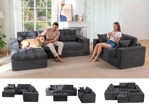 Image of MAXYOYO Modular Sectional Sofa with Ottoman and Loveseat, Cloud Boneless Couch with Layered Cushion, Flexible Module Combination Sofa for Living Room, No Assembly Required,Dark Grey