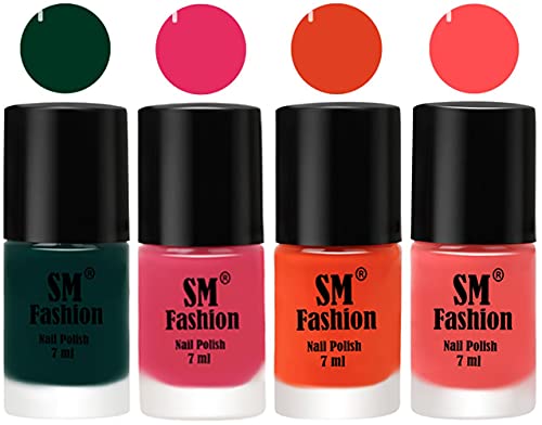 Image of Nail Polish Combo Set (Pack of 4) Quick Dry Gel Finish Nail Paint | Dark Green,Dark Rose Pink,Reddish Orange ,Peach Pink | 7 ml Each