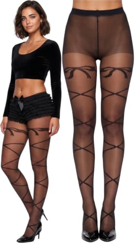 Image of ToBeInStyle Women's Ribbon Bow Twist Tie Opaque Sheer Hosiery Tights